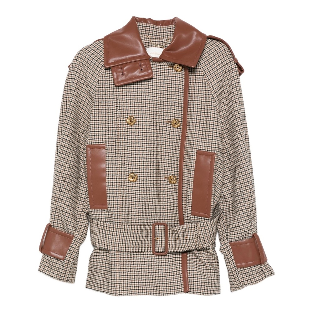 Zimmermann Hypnotic check wool trench belted Brown Plaid Jacket leather trim new